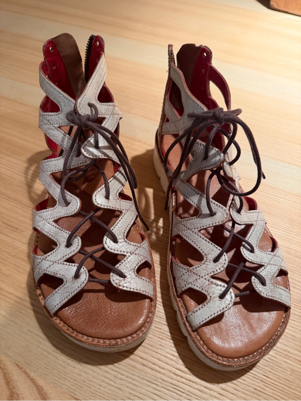 Bed Stu White and Brown Lace-Up Cutout Sandals